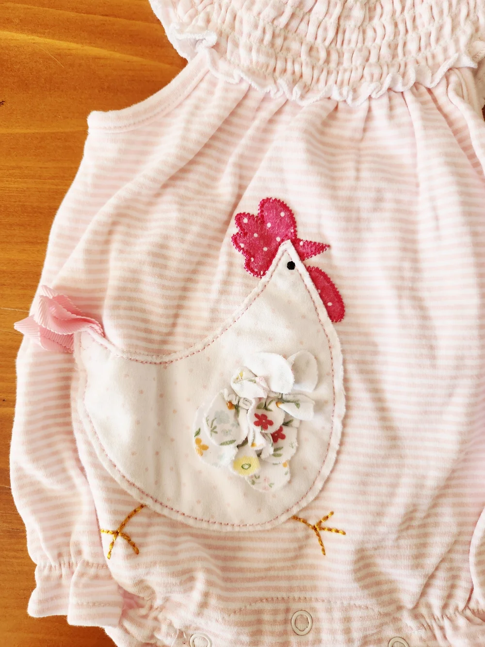 Mud Pie 3-6 Month Pink Chicken Embrodered Appliqué Romper with Smocked Neck